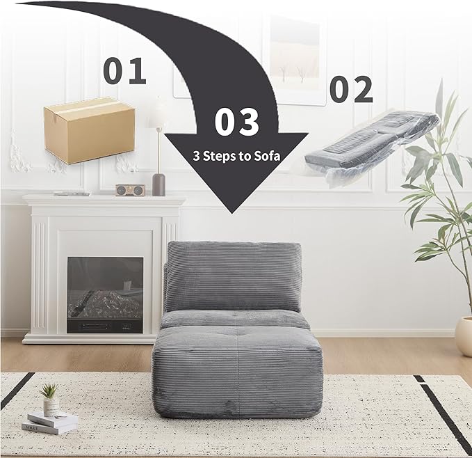 Memory Foam Compressed Sofa Bed Modern Grey Single Chaise Louge Comfy Futon Floor Couch Pet Friendly Fectional Couch for Living Room Bedroom No Assembly Movable OttomanCorduroy