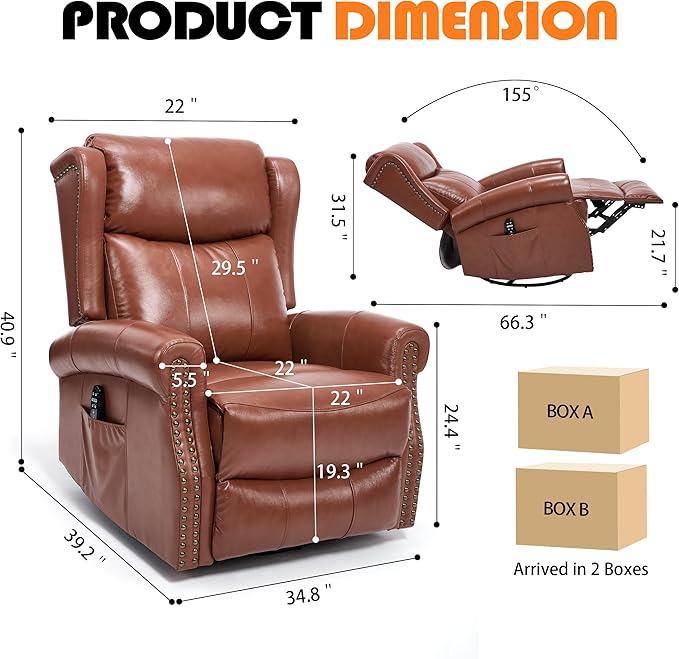Manual Rocker Swivel Recliner Chair for Adults Vibration Massage Reclining Glider Chair with Lumbar Heat Rivet Design Single Sofa for Living Room Genuine Leather Red Brown
