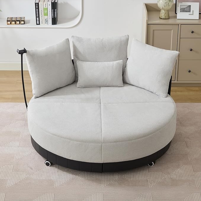 51W Oversized Swivel Accent ChairPolyester Upholstered Extra Large Swivel Barrel ChairRound Chair with WheelsRotating Phone Holderand 4 PillowsLounge Arm Chair for Living RoomBedroom(Grey)