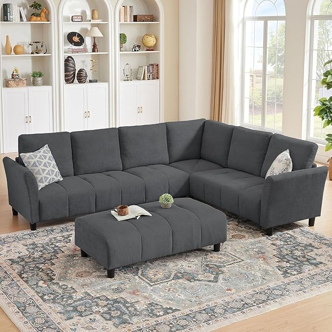103 Convertible Sectional Sofa with Long Ottoman Modern Upholstered Fabric L-Shaped Couch with Back Cushions 6 Seat Sofa Couches for Living Room Apartment Office Dark Grey