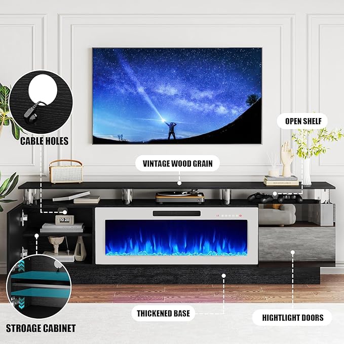 70 Modern Fireplace TV Stand with 36 Electric Fireplace for TVs Up to 80 inch Luxury LED Light Entertainment Center with High Gloss Cabinet (Black with White Fireplace 70 (8 Acrylic Posts))