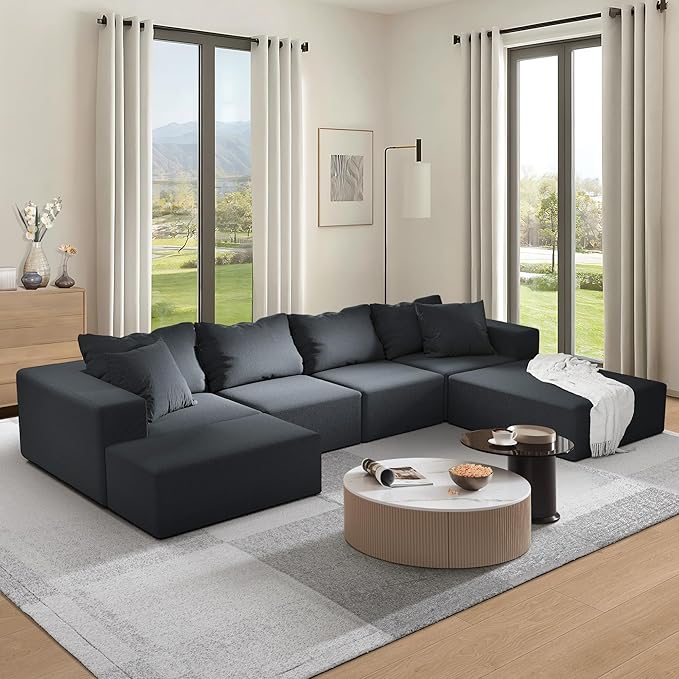 132 Modular Sectional Sofa Cloud Couch Sectional Modern Chenille Upholstered L-Shaped Sofa Set with 6 Pillows Deep Seat Comfy Couch for Living Room Free Combination No Assembly Required (Black)