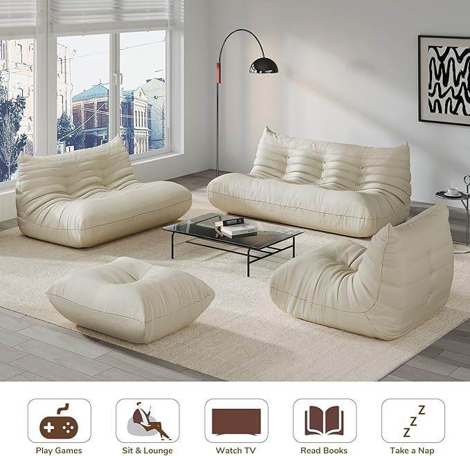 Comfy Lazy Floor Sofa CouchSoft Armless ChairFaux Leather Lounge ChairCorner Relax Sofa Couch for Living Room BedroomSalon OfficeAdults(Cream White)