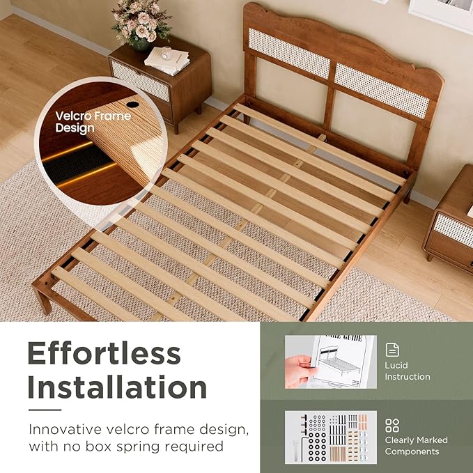 Sophia &amp William Rattan Bed Frame Full Size Wood Bed Frame with Adjustable Headboard Solid Wood Slats Support Brown