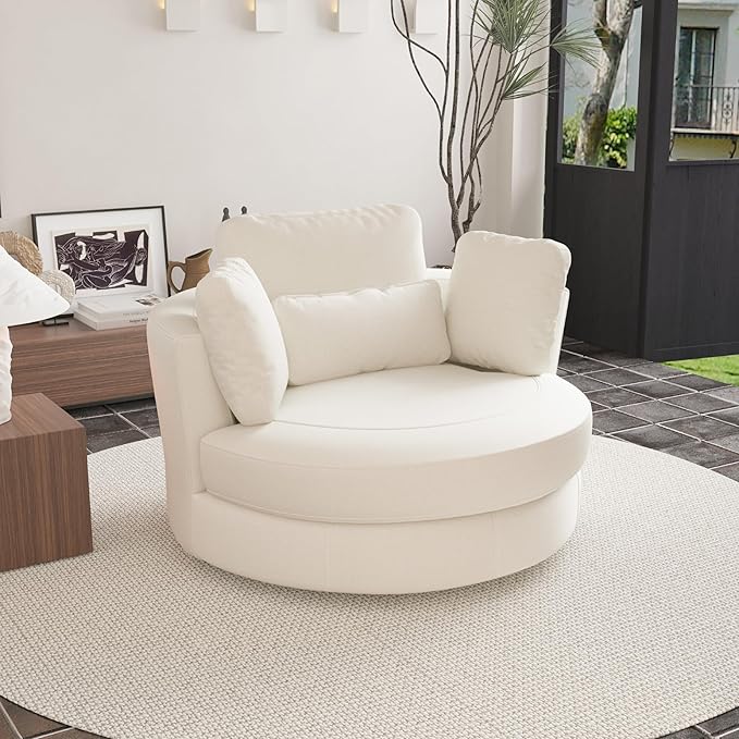 49.6''W Swivel Accent Barrel Chair Oversized Chenille Upholstered Round Single Couch Sofa with 4 Pillows for Living Room Apartment Bedroom (Beige).