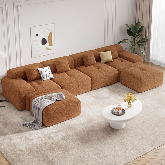 158 Modern U Shaped Modular Sectional Sofa Boneless Couches for Living Room with Ottoman6 Seater Convertible Chenille Cloud Couch Sofa Set No Assembly Required Orange 1 PCS