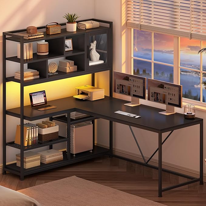 SEDETA L Shaped Computer Desk 58'' Office Desk with LED Light and Bookshelf L Shaped Corner Desk with Storage Shelves for Home Office Gaming Desk L Desk Black