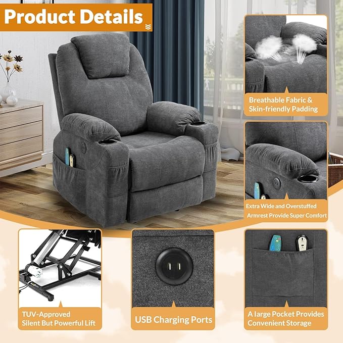 Electric Power Lift Recliner Chair with Heat and Massage for Elderly Ergonomic Lounge Chair Single Sofa Recliners for Living Room with Cup Holders USB Ports4 Pockets Soft Fabric (Gray)