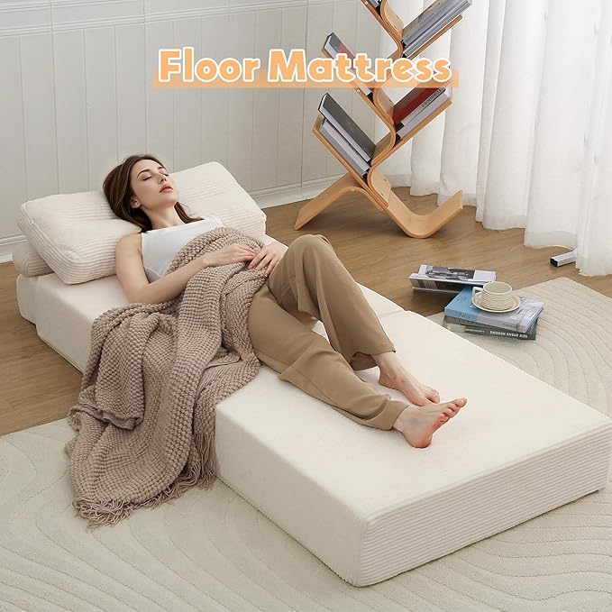 MeMoreCool Folding Sofa Bed – Convertible Sleeper Chair with Pillow Beige 31.5″ × 70.1″ Shredded Foam Lounge Chair for Living Room Bedroom Small Spaces | Headrest &amp Lumbar Support Corded Fabr