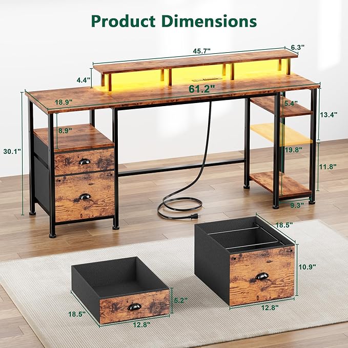Furologee 61 Computer Desk with Power Outlet &amp LED Lights Reversible Gaming Desk with File Cabinet &amp Monitor Stand for Home Office Writing Study Table with Storage Shelves and Drawer Rusti