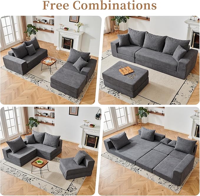 108'' Modular Sectional Couch Modern 3-Seater Boneless Cloud Sleeper Sofa L-Shaped Convertible Sectional with Non-Slip Bottom No Assembly Required Deep Seats Couch for Living Room Grey