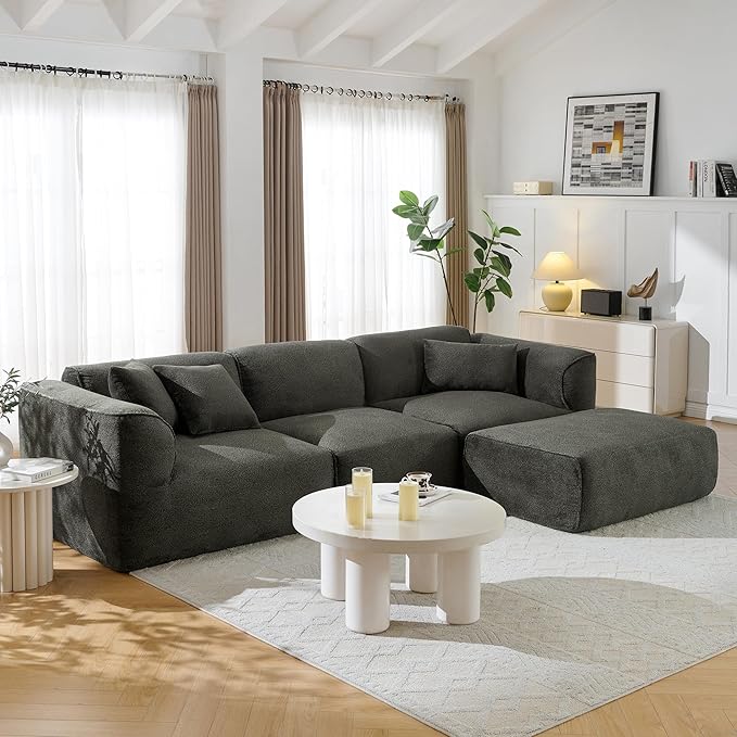 Luxury Living Room Double-Needle Cut Velvet Sofa 4-Seater with Pure Sponge Seat Cushions A Detachable Footstool and 3 Throw Pillows L Shaped Polyester Sofa for Living Rooms (Green-EK99)