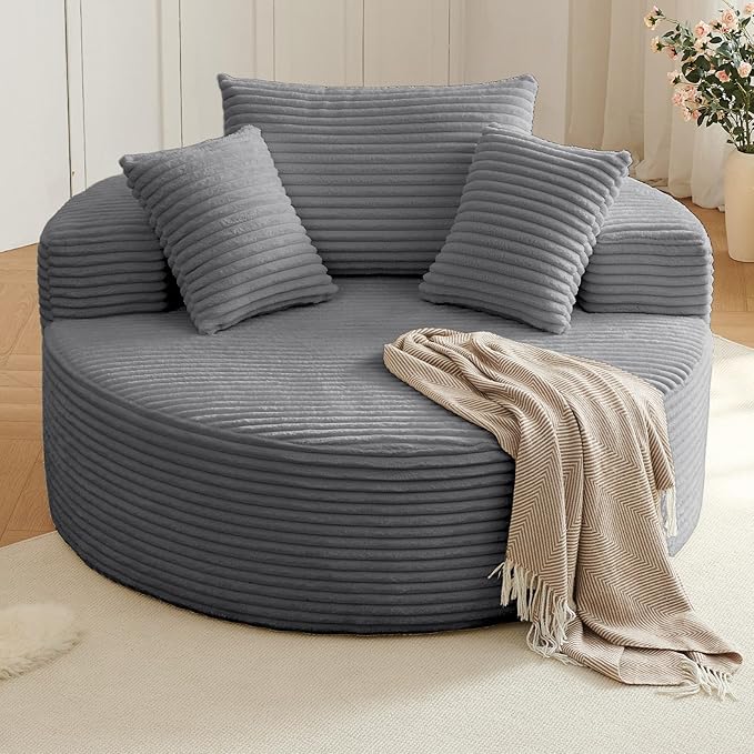 Oversized Round Chair Lounge Chaise Indoor Upholstered Corduroy Deep Seat Cloud Large Circle Sofa Chair No Assembly Required Fluffy Modern Sleeper Sofa Bed for Reading Living Room Dark Gray