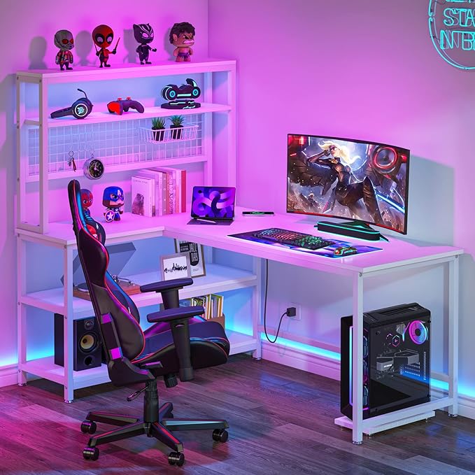 LITTLE TREE L-Shaped Computer Desk 55 Inch Reversible Office Desk Study Writing Table with Wireless Charging and Bookshelf for Home Office White