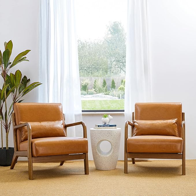 Glitzhome 30 H Mid Century Yellowish Brown Accent Armchair Single Reading Sofa PU Leather Lounge Chair with Walnut Ruberwood Frame for Livingroom or Office