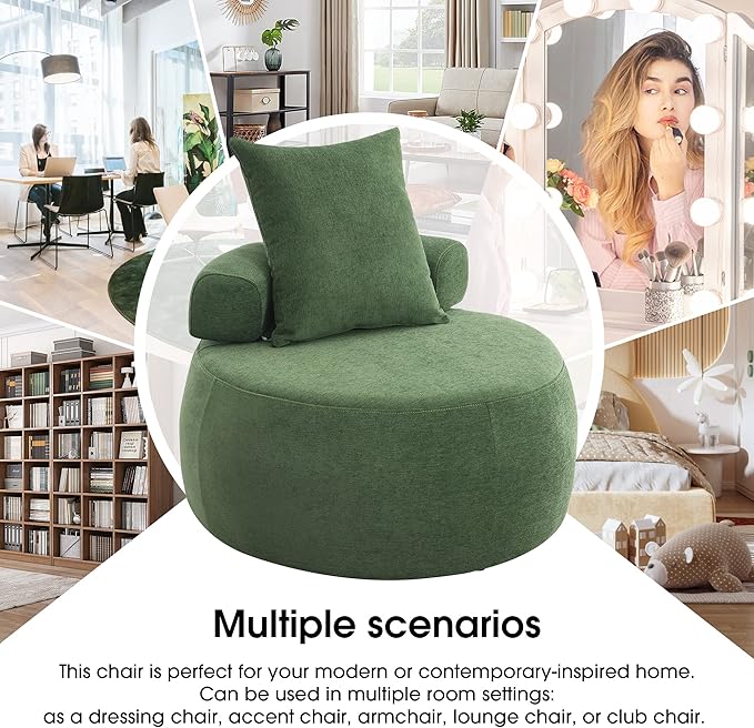 32 Solid Wood Lounge Chair with Pillow Easy to Move Modern Chenille Reading Chair High-Stretch Round Sofa for Bedroom Living Room Lounge Hotel 3 Colors