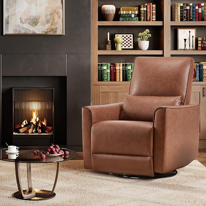 GarveeHome Recliner Chair 360° Swivel Rocker Glider Nursery Chair with Padded Armrest and Deep Seat PU Leather Upholstered Reclining Sofa Chair for Living Room Bedroom and Nursery (Camel)