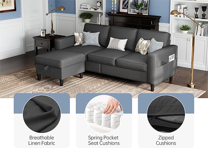 Sectional Couches for Living Room 78 Convertible L Shaped Couch with Removable Storage Ottoman 3 Seater Sofas Modern Linen Dark Grey Sofa for Apartments Studios Dorms Small Spaces