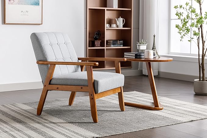 Leisure Chair with Solid Wood Armrest and Feet Mid Century Modern Accent Chair for Living Room Bedroom Studio Chair