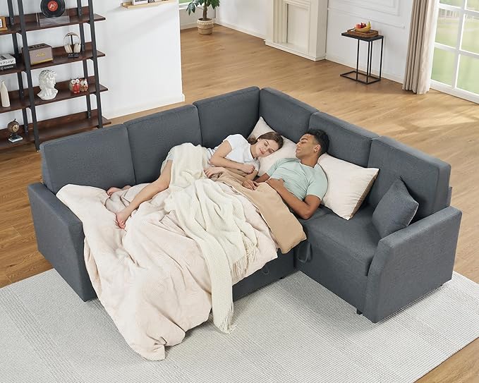 Jocisland Sofa Bed 85 Inch Sleeper Sofa with Pull Out Bed &amp Storage Seat Oversized L Shape Sectional Sofa for Living Room Apartment Grey Linen Reversible Couch
