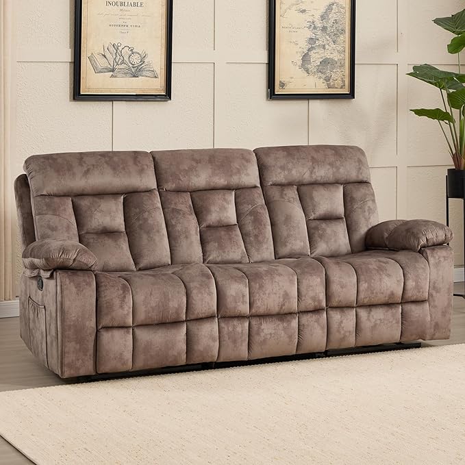 CANMOV 3 Seat Manual Recliner Sofa Modern Reclining Sofa with Overstuffed Armrest Hidden Cup Holders for Living Room Camel-Brown