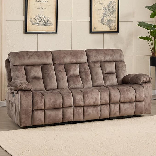 CANMOV 3 Seat Manual Recliner Sofa Modern Reclining Sofa with Overstuffed Armrest Hidden Cup Holders for Living Room Camel-Brown