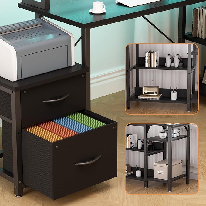 Home Office Desk with Power Outlet 67'' L Shaped Reversible Gaming Desk Corner Computer Desks with File Drawers Black