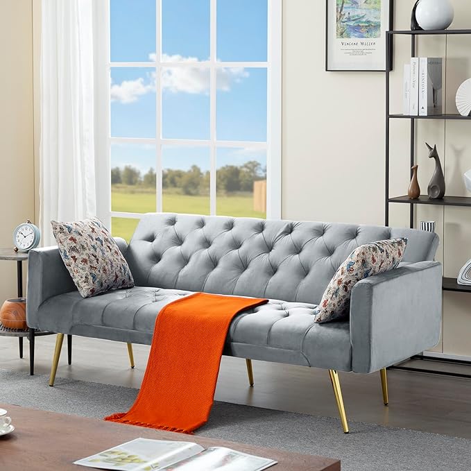 68.5” Futon Sofa Bed Convertible Futon Couch with Adjustable BackrestFolding Sofa Bed with 2 Pillows &amp Metal Legs Sleeper Loveseat with Armrest for Home Office (Dark Gray)