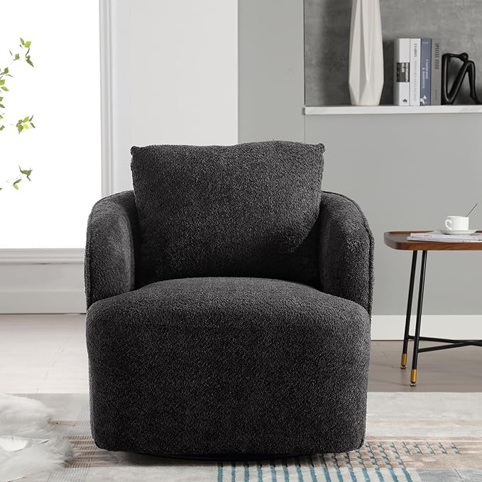 Soft Boucle Upholstered Swivel Accent Barrel Chair Wide Seated Comfy Round Single Sofa Chair 360 Swivel Club Armchair for Living Room Bedroom Nursery (Boucle Charcoal)