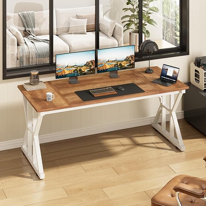 TVU Computer Desk 55 inch Large Office Desk Study Writing Table with Thicken Frame Gaming Desk Modern Simple Desk for Home Office Brown
