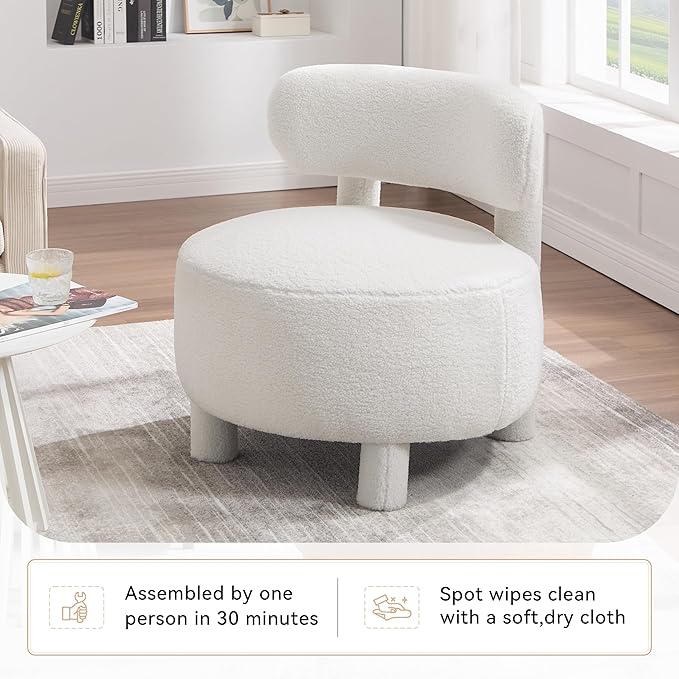 Accent Chair for Living Room Mid-Century Armchairs for Small Spaces Teddy Upholstered Comfy Reading Armchair with Studded for Bedroom (White-Teddy)