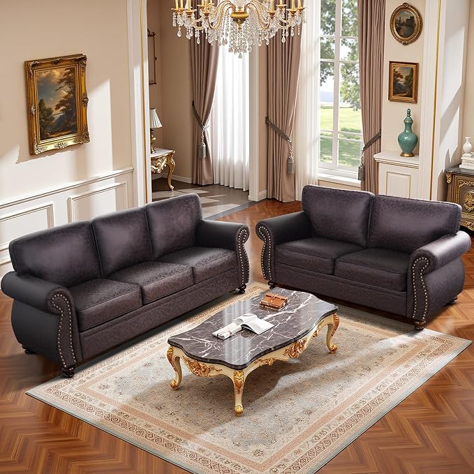 Mid-Century Vintage Sofa Couches with Rivet Design3-Seater SofaRemovable Sofa Cover Upholstered Cushions and Solid Wood Frame (Brown 3-Seater)