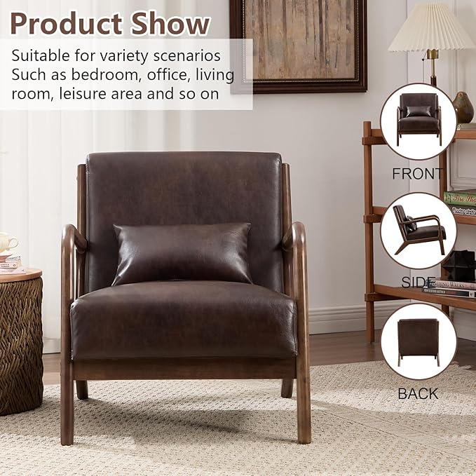 INZOY Mid Century Modern Accent Chair with Wood Frame Upholstered Reading Armchair with PU Leather Accent Chair for Living Room Bedroom Apartment Easy Assembly Chocolate Brown