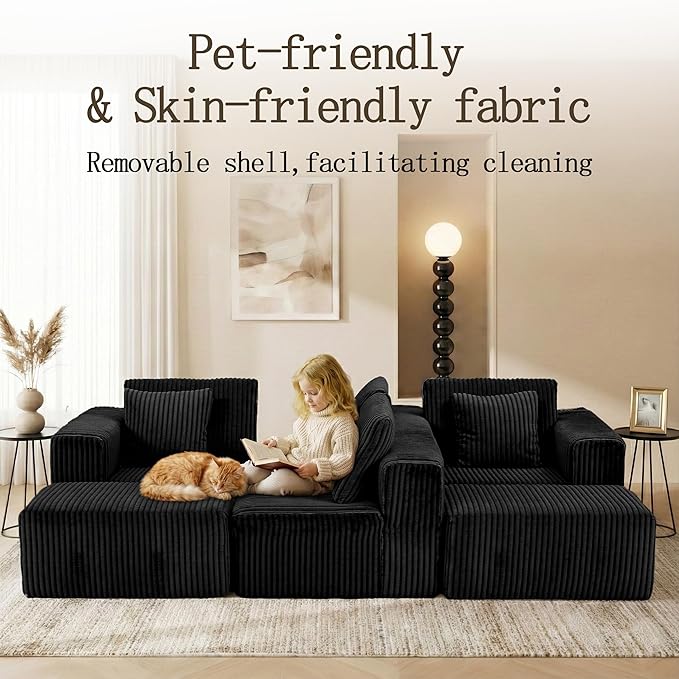 130 Modular Boneless Couch Convertible Sleeper Sofa Corduroy Sectional Sofa for Living Room Modern Cloud Couch with Deep Seat Chaise Comfy Oversize 4-6 Seat No Assembly (Black)
