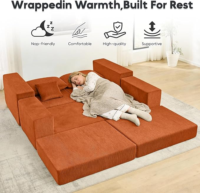 Modular Cloud Sectional Sofa Couch for Living Room Comfy Corduroy Sleeper Sofa Bed with Reversible Chaise Modern L-Shaped Sleeper Couch Bed with Deep Seat Orange