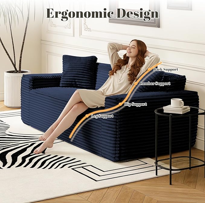 75 Cloud Loveseat Sofa 26 Deep Seat Boneless Couches for Living Room Modern 3 Seater Sofa with Throw Pillows Corduroy Compression Sofa in Box No Assembly Couch for Bedroom Dorm Dark Blue