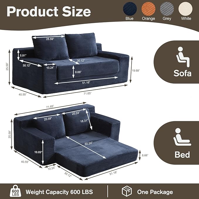71 Oversized Loveseat Pull Out Sofa 2 in1 Convertible Loveseat Sofa with Pillows Corduroy Folding Couch Bed with Deep Seat Boneless Couch for Small Room No Assembly Required Dark Blue