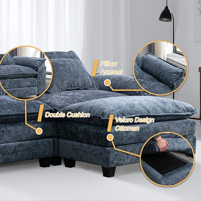 Modular Sectional Sofa 86 L Shaped Couch Set with Movable Ottoman Chenille Comfy Cloud Couch Sectional Set Extra Deep Seat Sofa with 2 Pillows for Living Room (Blue 2-Seat &amp 1-Ottoman)