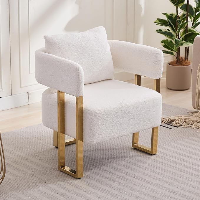 YISHENG Modern Barrel Accent Chairs Set of 2 Living Room Side Chairs with Golden Metal Legs Soft Upholstered Reading Armchairs no Wheels for Vanity/Reception Room//Bedroom/Lounge/Office White Teddy