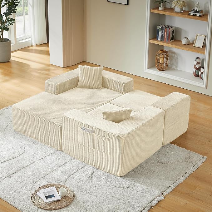 108 Sectional Couches for Living Room Cloud Couch Sofa with L-Shape Upholstered Boneless Couchs Modern Modular Sectional Couch with Chaise (White 108 W+Right Facing Chaise+2Seaters)