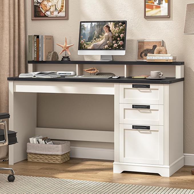 Vabches 55 Farmhouse Executive Desk with 3 Drawers Wooden Computer Desk with Keyboard Tray Home Office Desk with File Drawer (Fits A4 Size) for Work and Study White and Black