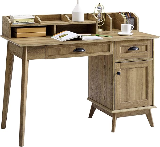 Pemberly Row Wood Writing/Computer Desk with Hutch Golden Oak Finish 47.6 in x 20 in x 36.3 in Engineered Wood and Metal USB Hub Multiuse Drawer Durable Home Office Desk for Bedroom or Dorm