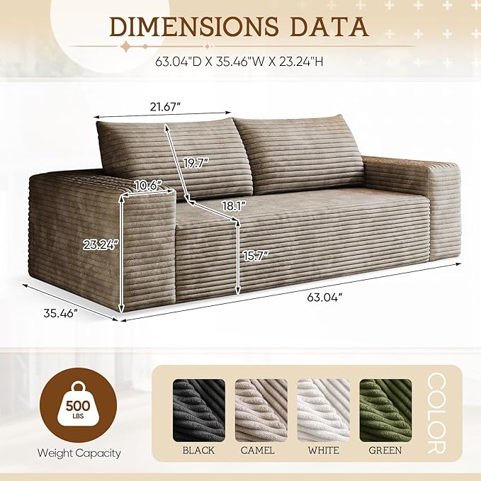 Cloud Loveseat Sofa Corduroy Boneless Couch with High Density Memory Foam Comfy Small Foam Couch in a Box No Assembly Modern Floor Compressed Sofa for Living Room Bedroom Small Space(63WCamel)