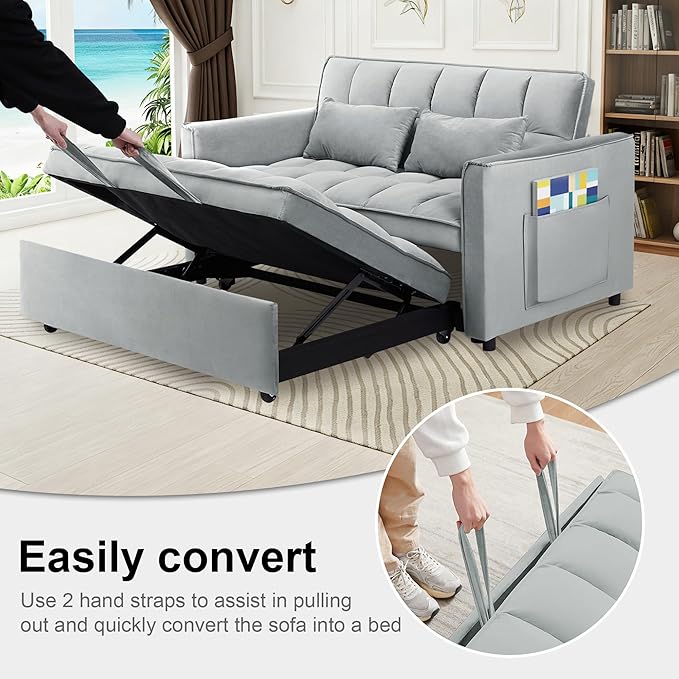 Convertible Sofa Bed 3 in 1 Sleeper Sofa with Adjustable Backrest Pull Out Couch Loveseat with 2 Pillows &amp Side Pockets for Living Room Bedroom Apartment 55 Velvet | Light Gray