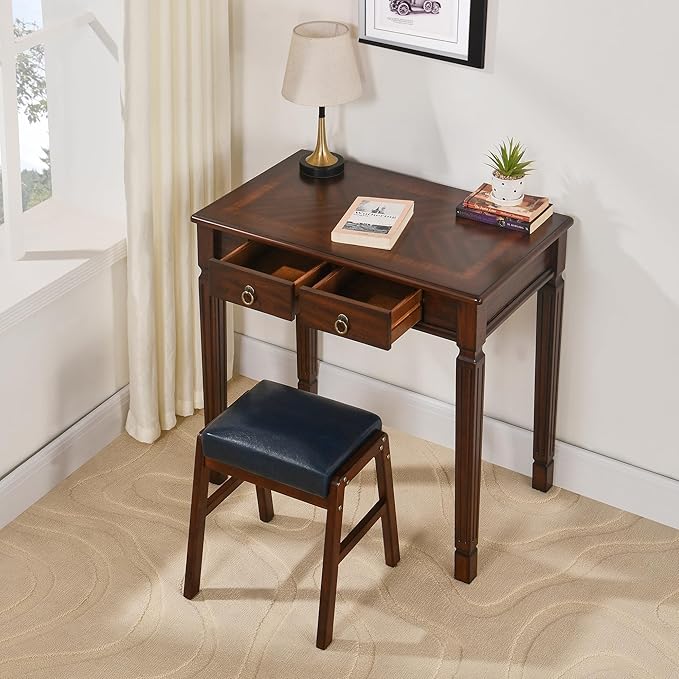 Small Computer Desk With 2 Storage Drawers 31.5 Home Office Desks-  Elegant Wood Writing Desks with Carved Legs Classic Vanity Dressing Table For Small Space Easy Assembly Caramel Brown SSZ-D1258