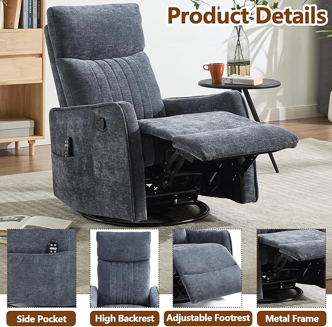 Massage Recliner Chair with Heat Slim Recliners for for Adults Swivel Rocking Chair Recliner with High Back Small Recliner Chair for Small Spaces Living Room Adjustable Footrest (Blue 2)