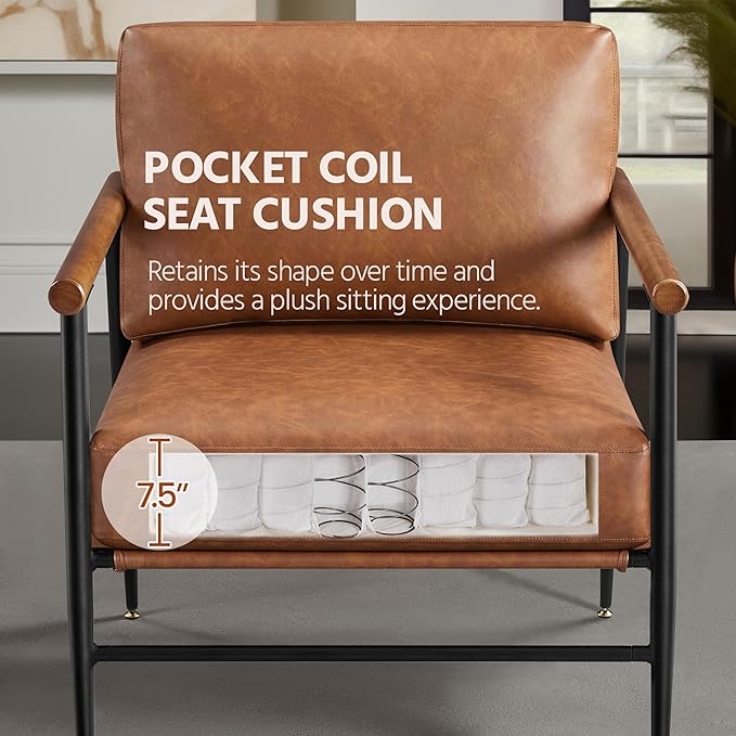 Yaheetech Accent Chair Set of 2 PU Leather Living Room Chair Back Pillow Modern Lounge Chair Wooden Arms Metal Frame Bedroom Waiting Room Retro Brown