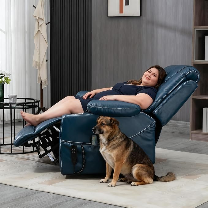 Oversized Power Lift Recliner Chair for Big and Tall Elderly 25 Extra Wide Electric Recliner Chair Living Room Sofa with Massage Heating Dual Motor Leather Home Theater Seat Blue