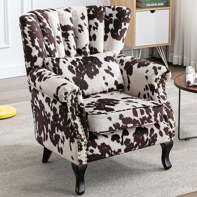 Accent Reading Arm Chairs Midcentury Modern Comfy Corner Sofa Chair Wingback Waiting Room Club Chair with Channel Back for Living Room/Bedroom/Reception Room Fabric Cow