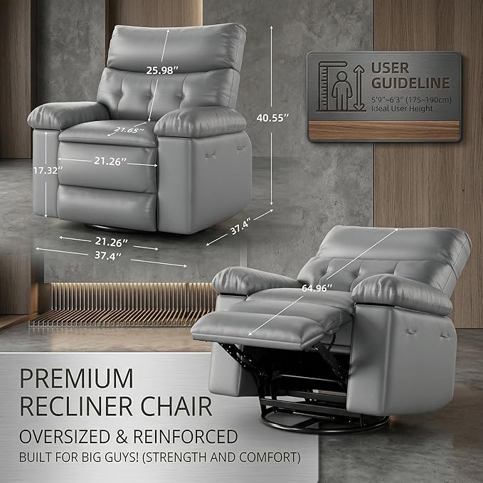IDEALHOUSE Recliner Chair 22 Wide Seat Recliner Oversized PU Leather Living Room Chairs Wipe Clean Manual Push-Back Reading Chair with Side Pocket Grey